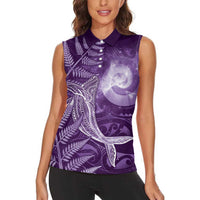 New Zealand Matariki Women Sleeveless Polo Shirt Maori Koru With Humpback Whale Purple LT05 - Polynesian Pride