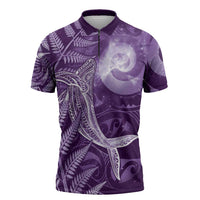 New Zealand Matariki Zipper Polo Shirt Maori Koru With Humpback Whale Purple LT05 Purple - Polynesian Pride