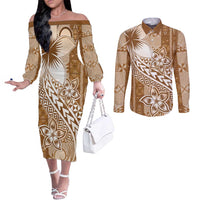 Tonga Kupesi Ngatu Couples Matching Off The Shoulder Long Sleeve Dress and Long Sleeve Button Shirt Vintage Brown Plumeria