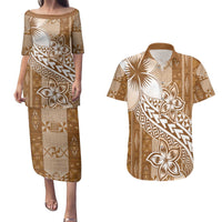 Tonga Kupesi Ngatu Couples Matching Puletasi and Hawaiian Shirt Vintage Brown Plumeria