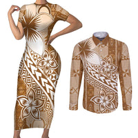Tonga Kupesi Ngatu Couples Matching Short Sleeve Bodycon Dress and Long Sleeve Button Shirt Vintage Brown Plumeria