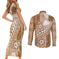 Tonga Kupesi Ngatu Couples Matching Short Sleeve Bodycon Dress and Long Sleeve Button Shirt Vintage Brown Plumeria