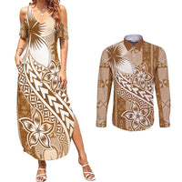 Tonga Kupesi Ngatu Couples Matching Summer Maxi Dress and Long Sleeve Button Shirt Vintage Brown Plumeria