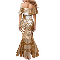 Tonga Kupesi Ngatu Family Matching Mermaid Dress and Hawaiian Shirt Vintage Brown Plumeria LT05 - Polynesian Pride