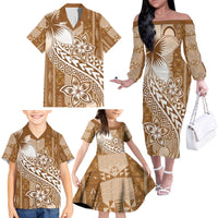 Tonga Kupesi Ngatu Family Matching Off The Shoulder Long Sleeve Dress and Hawaiian Shirt Vintage Brown Plumeria