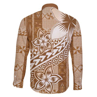 Tonga Kupesi Ngatu Family Matching Off The Shoulder Long Sleeve Dress and Hawaiian Shirt Vintage Brown Plumeria