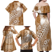 Tonga Kupesi Ngatu Family Matching Off Shoulder Maxi Dress and Hawaiian Shirt Vintage Brown Plumeria LT05 - Polynesian Pride