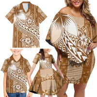 Tonga Kupesi Ngatu Family Matching Off Shoulder Short Dress and Hawaiian Shirt Vintage Brown Plumeria LT05 - Polynesian Pride