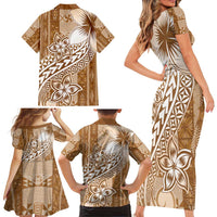 Tonga Kupesi Ngatu Family Matching Short Sleeve Bodycon Dress and Hawaiian Shirt Vintage Brown Plumeria LT05 - Polynesian Pride