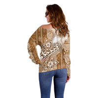 Tonga Kupesi Ngatu Off Shoulder Sweater Vintage Brown Plumeria
