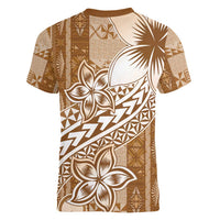 Tonga Kupesi Ngatu Women V-Neck T-Shirt Vintage Brown Plumeria