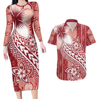 Tonga Kupesi Ngatu Couples Matching Long Sleeve Bodycon Dress and Hawaiian Shirt Vintage Red Plumeria