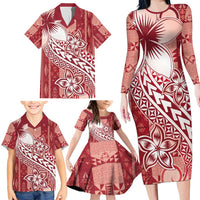 Tonga Kupesi Ngatu Family Matching Long Sleeve Bodycon Dress and Hawaiian Shirt Vintage Red Plumeria LT05 - Polynesian Pride