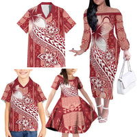 Tonga Kupesi Ngatu Family Matching Off The Shoulder Long Sleeve Dress and Hawaiian Shirt Vintage Red Plumeria