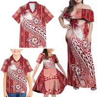 Tonga Kupesi Ngatu Family Matching Off Shoulder Maxi Dress and Hawaiian Shirt Vintage Red Plumeria LT05 - Polynesian Pride