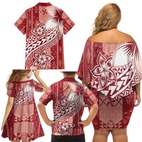 Tonga Kupesi Ngatu Family Matching Off Shoulder Short Dress and Hawaiian Shirt Vintage Red Plumeria LT05 - Polynesian Pride