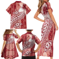 Tonga Kupesi Ngatu Family Matching Short Sleeve Bodycon Dress and Hawaiian Shirt Vintage Red Plumeria LT05 - Polynesian Pride