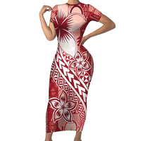 Tonga Kupesi Ngatu Family Matching Short Sleeve Bodycon Dress and Hawaiian Shirt Vintage Red Plumeria LT05 Mom's Dress Red - Polynesian Pride