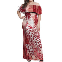Tonga Kupesi Ngatu Off Shoulder Maxi Dress Vintage Red Plumeria LT05 Women Red - Polynesian Pride