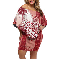 Tonga Kupesi Ngatu Off Shoulder Short Dress Vintage Red Plumeria LT05 Women Red - Polynesian Pride