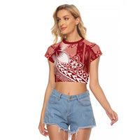 Tonga Kupesi Ngatu Raglan Cropped T Shirt Vintage Red Plumeria