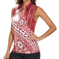 Tonga Kupesi Ngatu Women Sleeveless Polo Shirt Vintage Red Plumeria
