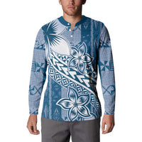 Tonga Kupesi Ngatu Button Sweatshirt Vintage Blue Plumeria