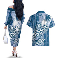 Tonga Kupesi Ngatu Couples Matching Off The Shoulder Long Sleeve Dress and Hawaiian Shirt Vintage Blue Plumeria