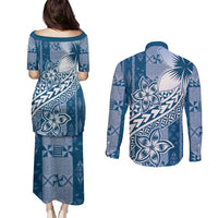 Tonga Kupesi Ngatu Couples Matching Puletasi and Long Sleeve Button Shirt Vintage Blue Plumeria