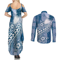 Tonga Kupesi Ngatu Couples Matching Summer Maxi Dress and Long Sleeve Button Shirt Vintage Blue Plumeria