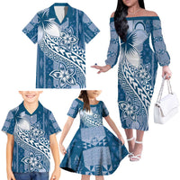Tonga Kupesi Ngatu Family Matching Off The Shoulder Long Sleeve Dress and Hawaiian Shirt Vintage Blue Plumeria