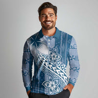 Tonga Kupesi Ngatu Long Sleeve Polo Shirt Vintage Blue Plumeria