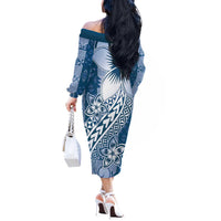 Tonga Kupesi Ngatu Off The Shoulder Long Sleeve Dress Vintage Blue Plumeria