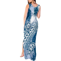 Tonga Kupesi Ngatu Tank Maxi Dress Vintage Blue Plumeria LT05 - Polynesian Pride