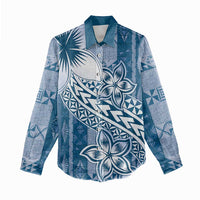 Tonga Kupesi Ngatu Women Casual Shirt Vintage Blue Plumeria