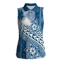 Tonga Kupesi Ngatu Women Sleeveless Polo Shirt Vintage Blue Plumeria