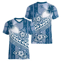 Tonga Kupesi Ngatu Women V-Neck T-Shirt Vintage Blue Plumeria
