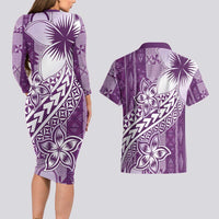Tonga Kupesi Ngatu Couples Matching Long Sleeve Bodycon Dress and Hawaiian Shirt Vintage Purple Plumeria