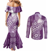 Tonga Kupesi Ngatu Couples Matching Mermaid Dress and Long Sleeve Button Shirt Vintage Purple Plumeria