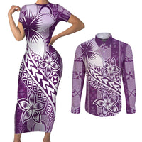 Tonga Kupesi Ngatu Couples Matching Short Sleeve Bodycon Dress and Long Sleeve Button Shirt Vintage Purple Plumeria