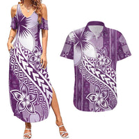 Tonga Kupesi Ngatu Couples Matching Summer Maxi Dress and Hawaiian Shirt Vintage Purple Plumeria