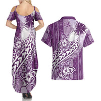 Tonga Kupesi Ngatu Couples Matching Summer Maxi Dress and Hawaiian Shirt Vintage Purple Plumeria