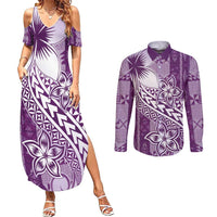 Tonga Kupesi Ngatu Couples Matching Summer Maxi Dress and Long Sleeve Button Shirt Vintage Purple Plumeria