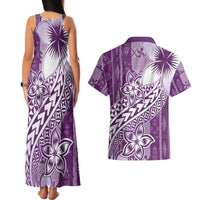 Tonga Kupesi Ngatu Couples Matching Tank Maxi Dress and Hawaiian Shirt Vintage Purple Plumeria
