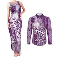 Tonga Kupesi Ngatu Couples Matching Tank Maxi Dress and Long Sleeve Button Shirt Vintage Purple Plumeria