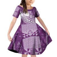 Tonga Kupesi Ngatu Family Matching Off Shoulder Short Dress and Hawaiian Shirt Vintage Purple Plumeria LT05 Daughter's Dress Purple - Polynesian Pride