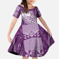 Tonga Kupesi Ngatu Family Matching Short Sleeve Bodycon Dress and Hawaiian Shirt Vintage Purple Plumeria LT05 Daughter's Dress Purple - Polynesian Pride