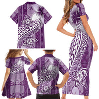 Tonga Kupesi Ngatu Family Matching Short Sleeve Bodycon Dress and Hawaiian Shirt Vintage Purple Plumeria LT05 - Polynesian Pride