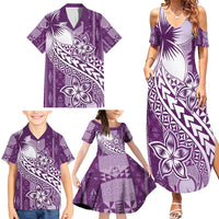 Tonga Kupesi Ngatu Family Matching Summer Maxi Dress and Hawaiian Shirt Vintage Purple Plumeria