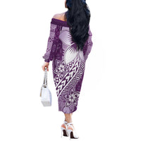 Tonga Kupesi Ngatu Off The Shoulder Long Sleeve Dress Vintage Purple Plumeria
